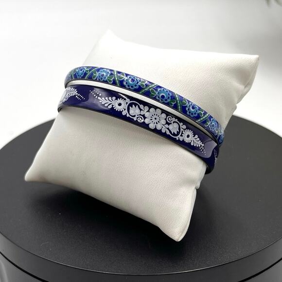 Vintage Michaela Frey Wiener Emailmanufaktur Blue Floral Enamel Bangle Set - Picture 1 of 8